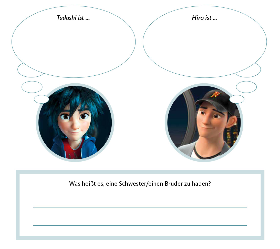 Bilder von Tadashi und und Hiro mit Gedankenblasen, in denen steht "Tadashi ist..." und "Hiro ist...". Darunter ein Kasten mit der Frage: Was heißt es einen Bruder oder eine Schwester zu haben.